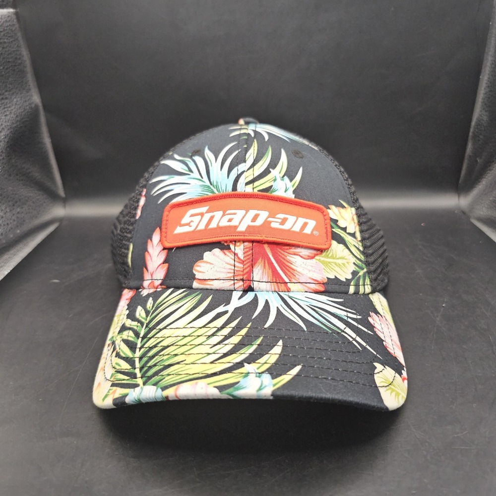 Snap On Tools Hawaiian Hat Snapback Floral Pattern‎ Cap Mesh Black Trucker